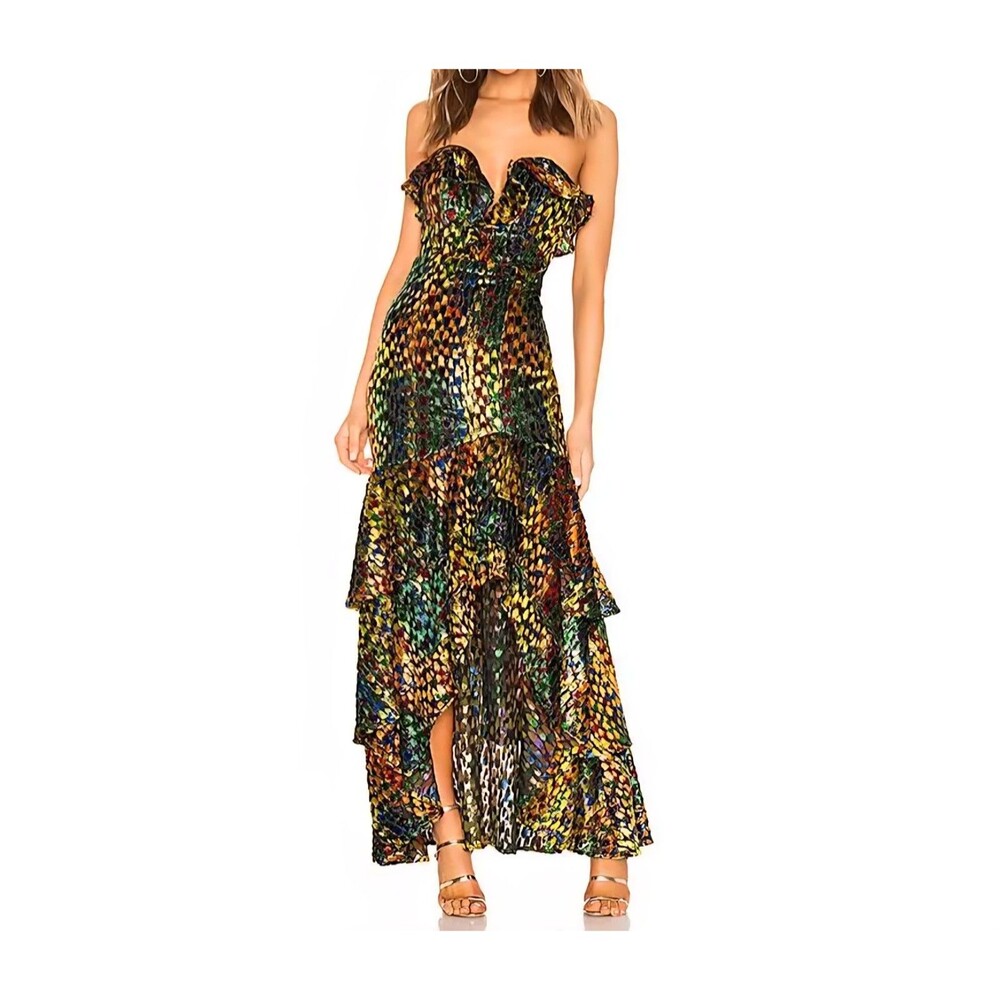 X by NBD Revolve Yuna Maxi Dress Rainbow Velvet Burnout Ruffle Tiered XS